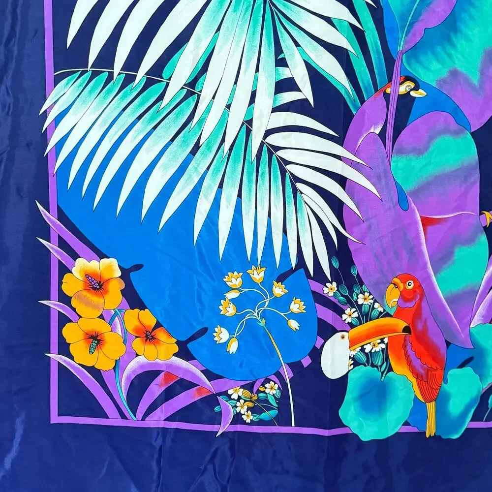 Vintage 90s Square Tropical Leaf Parrot Scarf‎ Wrap Tropical Summer 36